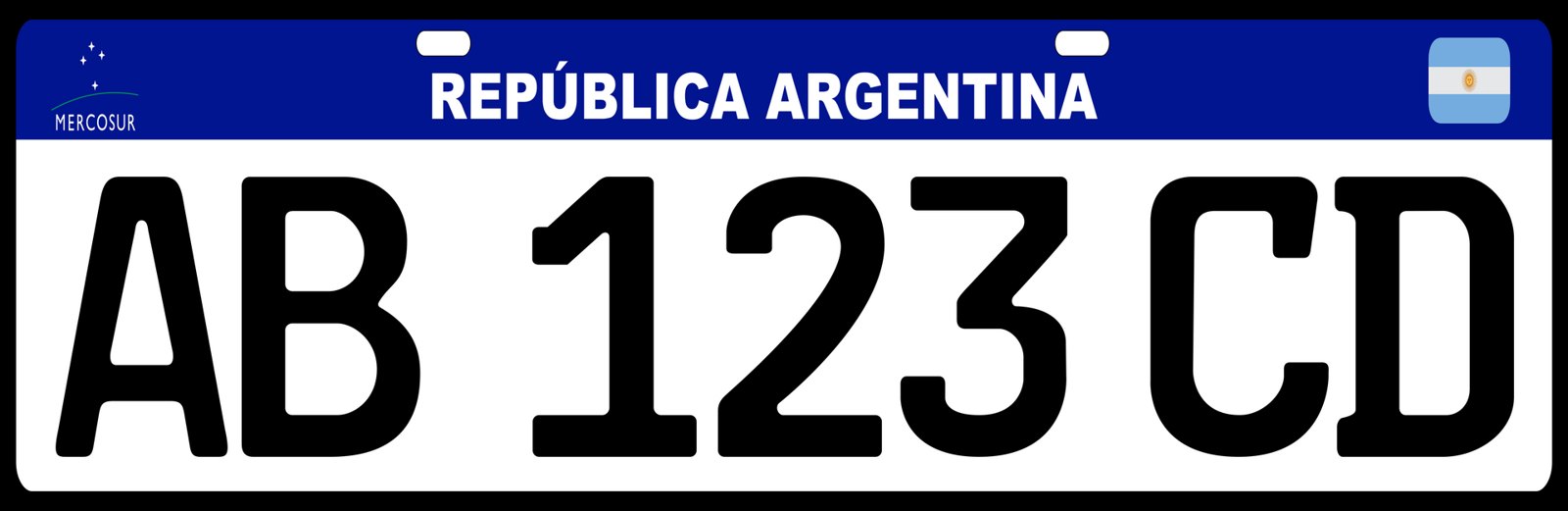 Patente argentina del sistema Mercosur con el formato de ejemplo AB 123 CD, letras negras sobre fondo blanco y franja azul superior