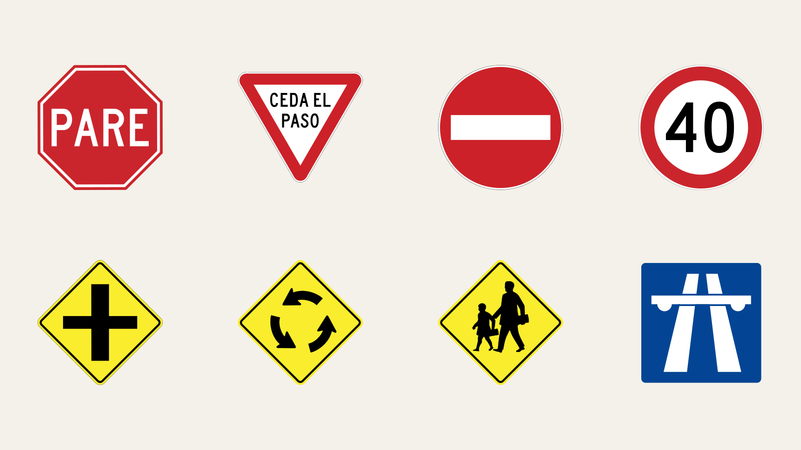 Señales de tránsito argentinas: Pare, Ceda el paso, Contramano, velocidad máxima, encrucijada, rotonda, escolares y comienzo de autopista