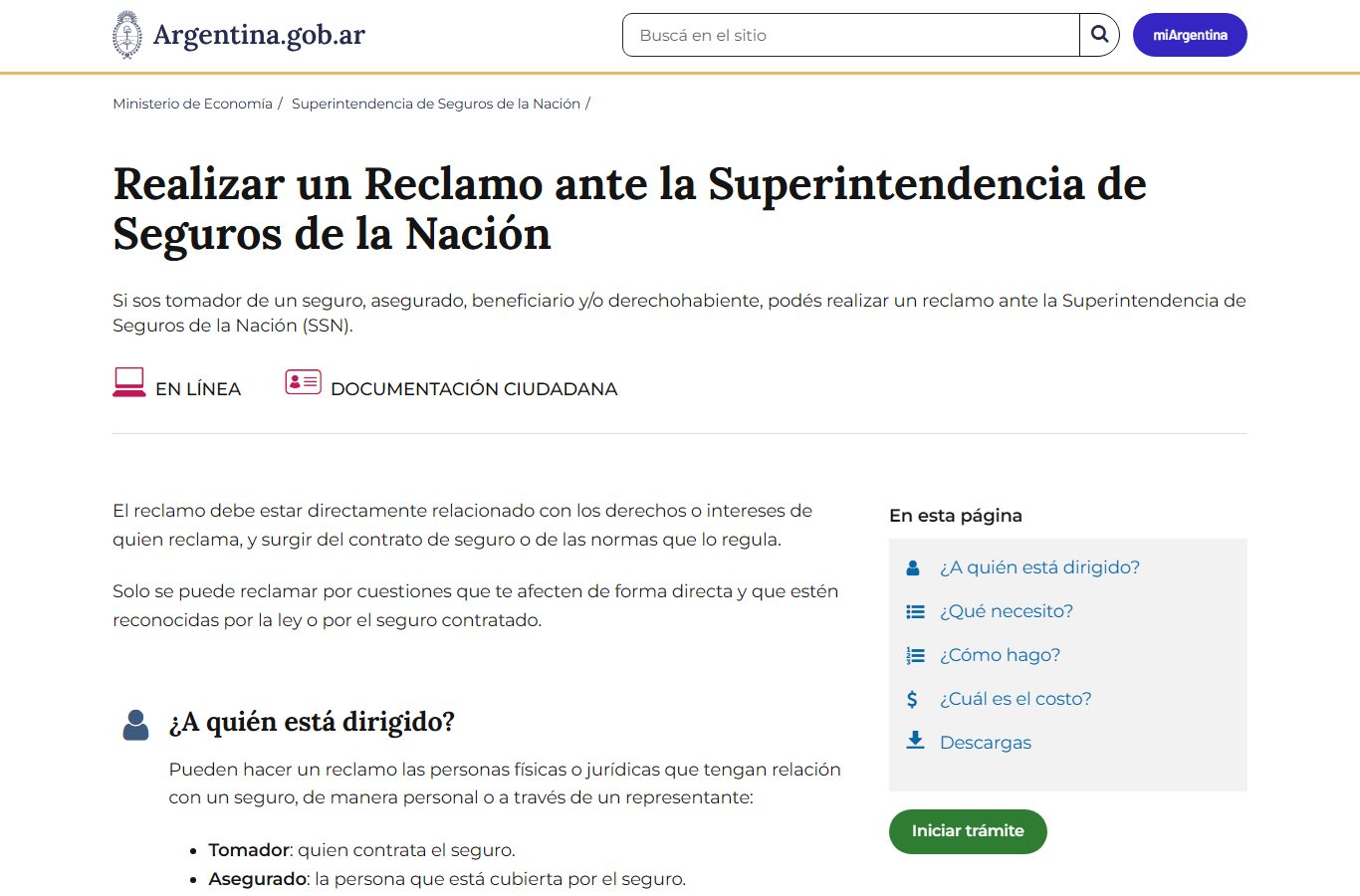 Página oficial del trámite Realizar un Reclamo ante la Superintendencia de Seguros de la Nación